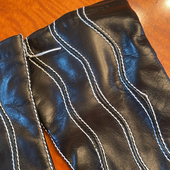 NWT Portolano glover leather black white stitches lining lambswool angora nylon - Picture 2 of 5